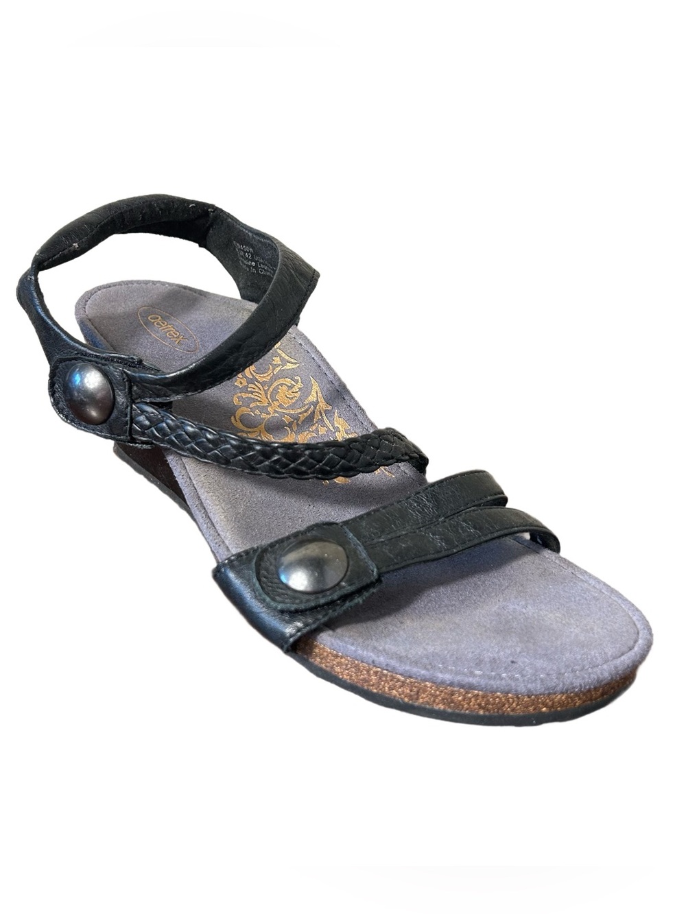 Aetrex Naya Sandals Sz EU 42/US 10.5 Comfort Wedge Black Strappy Braided Accent